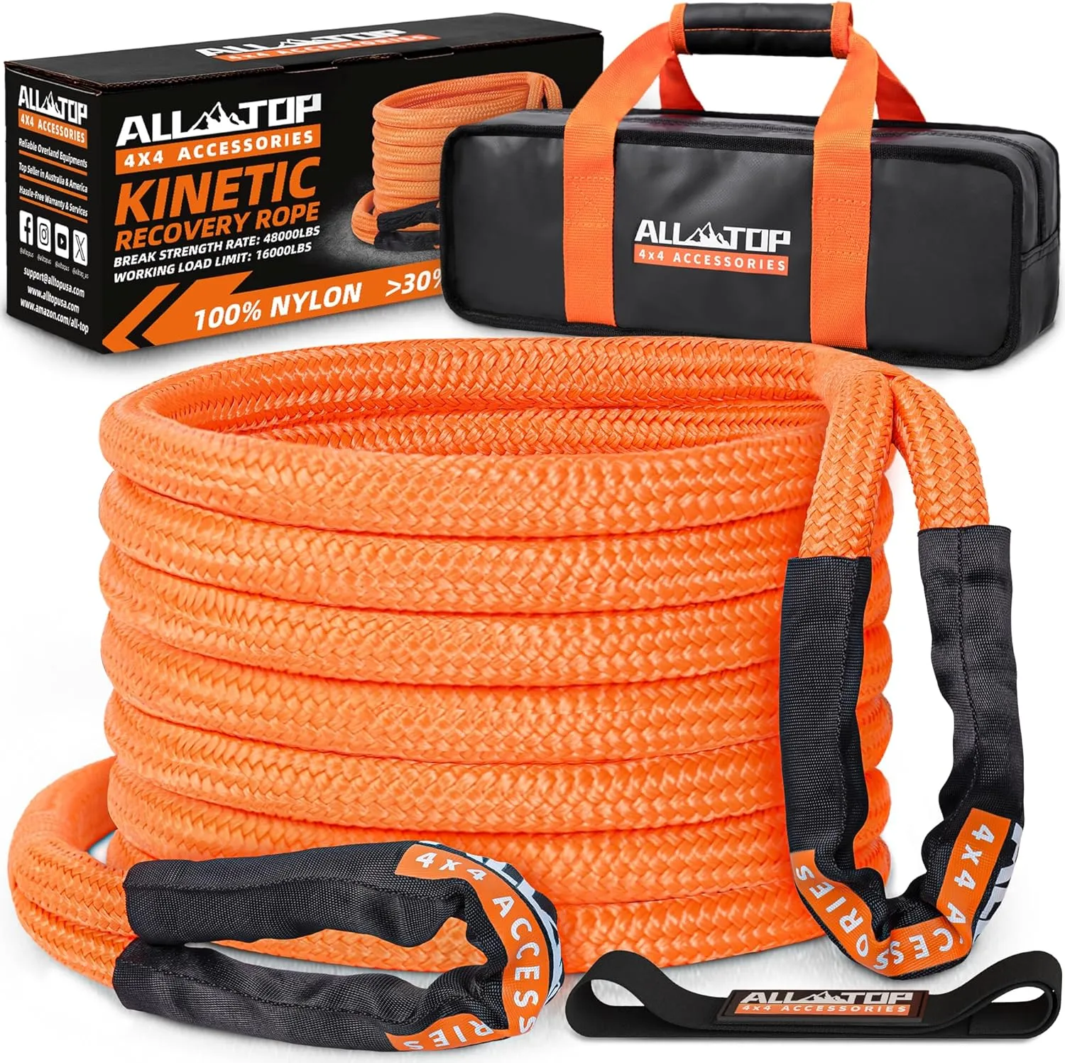 ALL-TOP Kinetic Recovery Rope, 48000Lbs, 1in x 30ft, Heavy Duty 30 % Elasticity, 16000Lbs Work Load Limit for 4x4 Offroad Vehicle