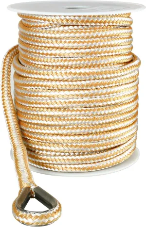 Amarine Made 3/8" x 100' Anchor Line, Heavy Duty Double Braid Nylon Anchor Rope with Stainless Steel Thimble-White/Gold