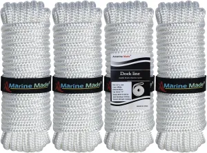 Amarine Made 4 Pack of 3/4 Inch 30 Feet Double Braid Nylon Dockline Mooring Rope Double Braided Dock Line,Working Load Limit:1900LBS,Breaking Strength:9500LBS (White)