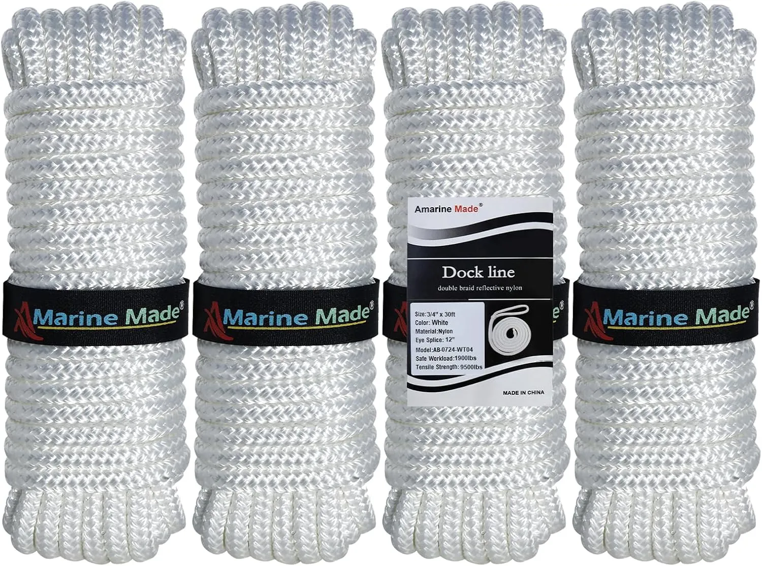 Amarine Made 4 Pack of 3/4 Inch 30 Feet Double Braid Nylon Dockline Mooring Rope Double Braided Dock Line,Working Load Limit:1900LBS,Breaking Strength:9500LBS (White)