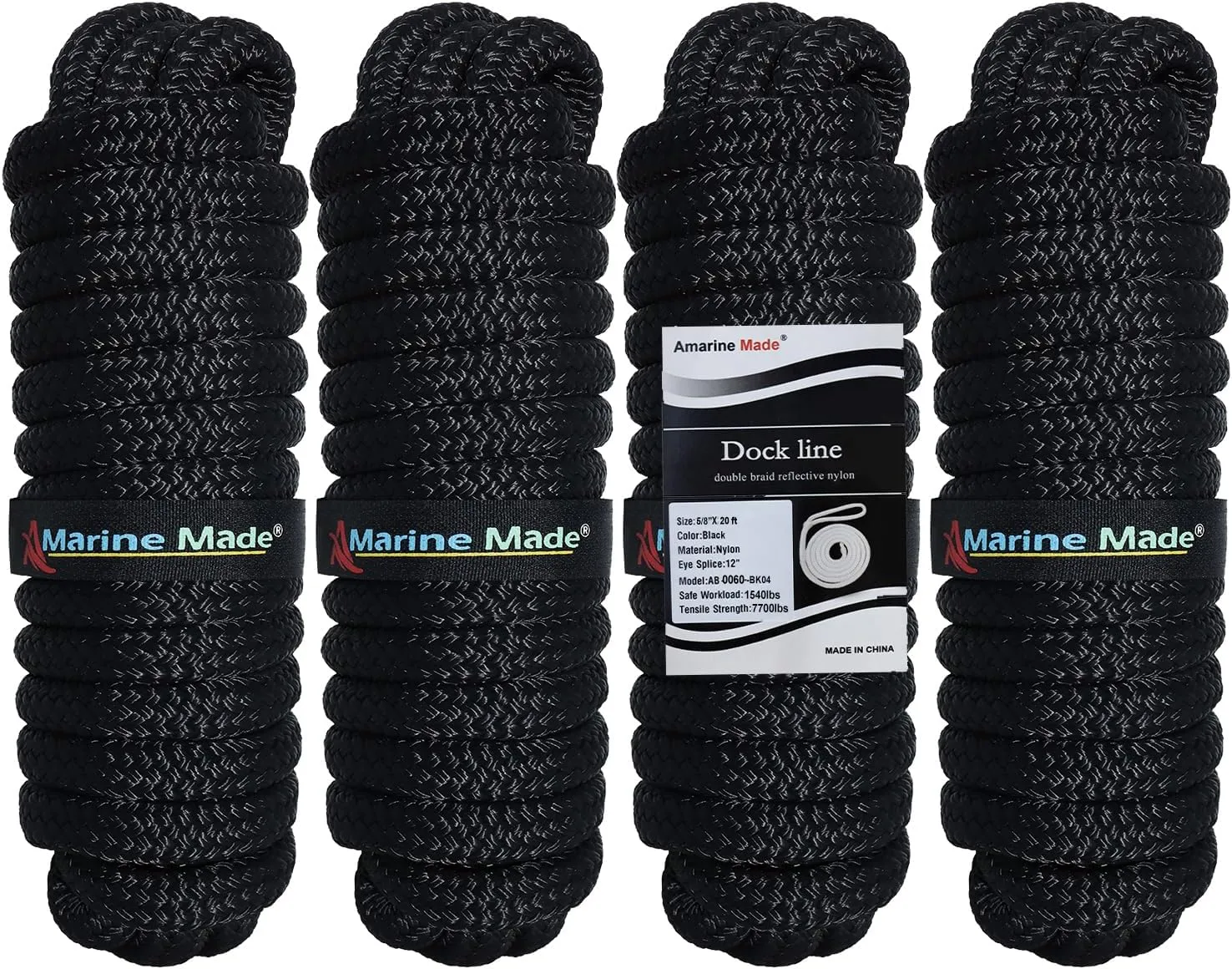 Amarine Made 5/8” X 20’ Dock Lines, 4pcs Boat Dock Lines,15” Eyelet Double-Braided Boat Lines with Loop Docking 1540lbs Working Load, Nylon Dock Ropes with 7700lbs Strength for Boat, Black