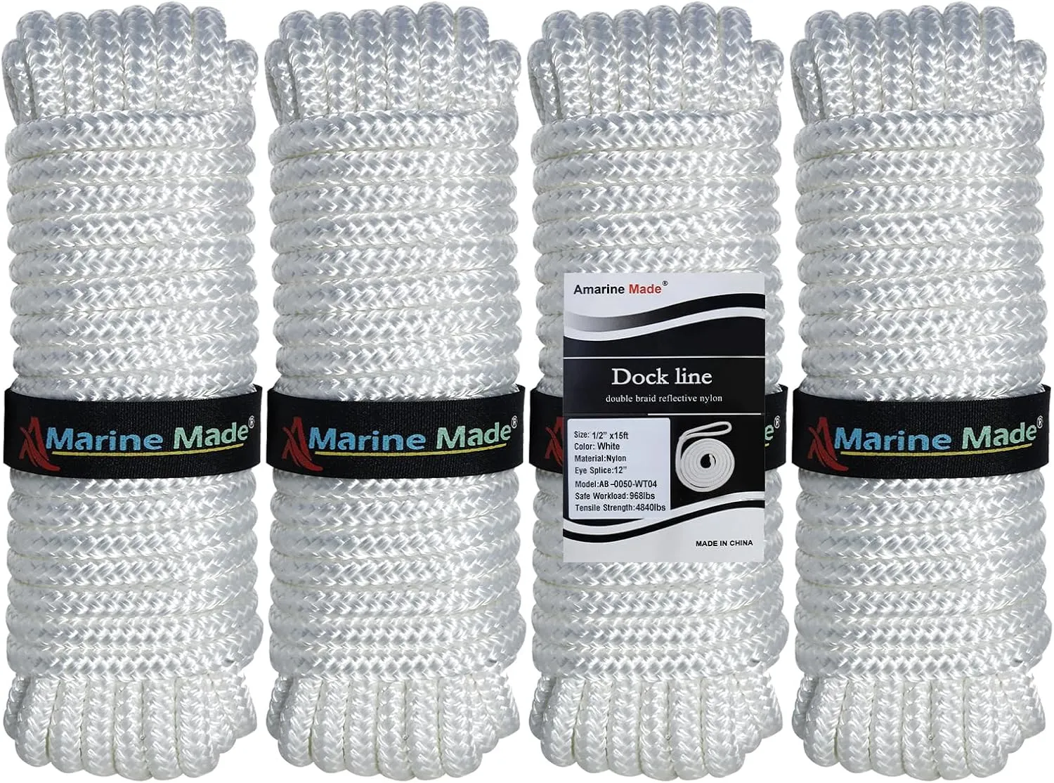 Amarine Made Double Braided Nylon Dock Lines 4840 lbs Breaking Strength (L:15 ft. D:1/2 inch Eyelet: 12 inch) 4 Pack of Marine Mooring Rope Boat Dock Lines Working Load Limit:968 lbs White