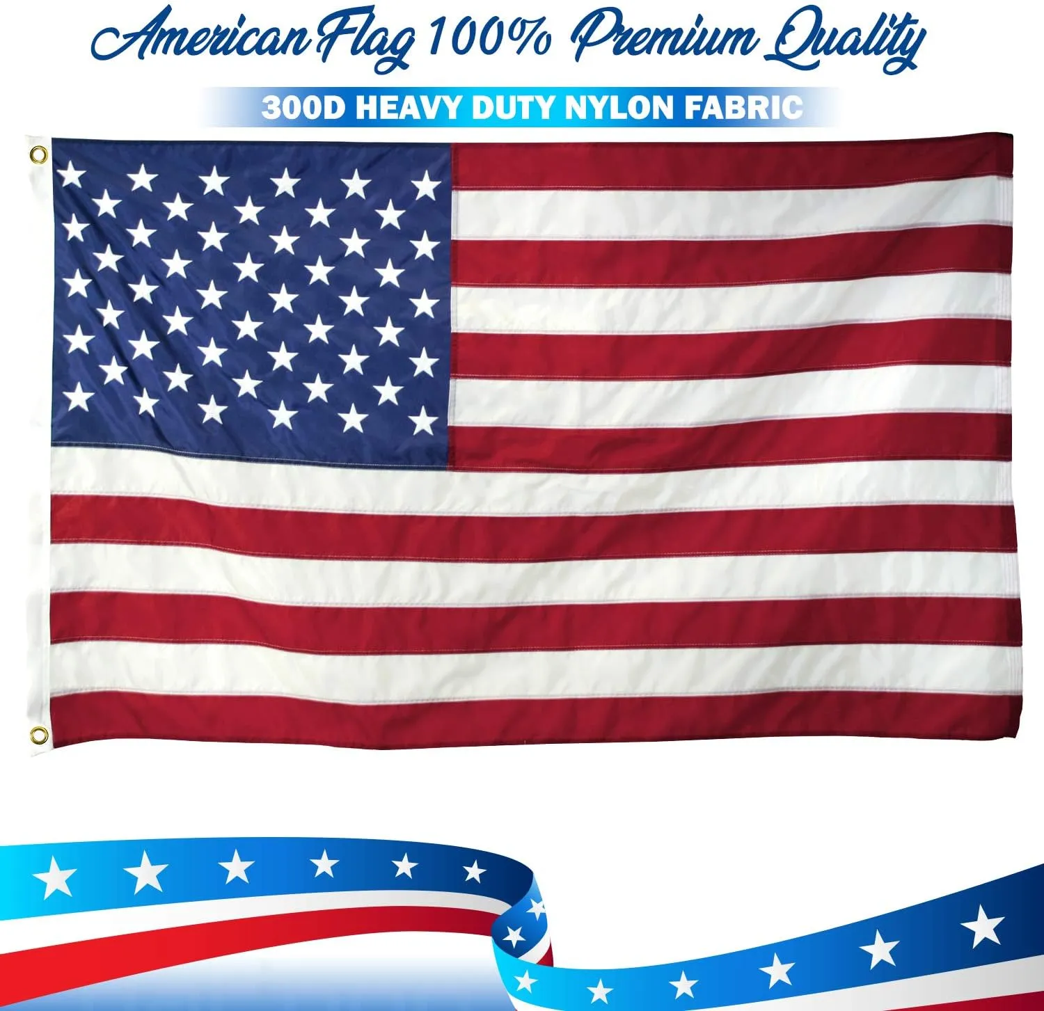 American Flag 3x5 ft outdoor, US Flag Made in USA Large Heavy Duty 300D in Nylon - Embroidered Stars Sewn Stripes Brass Grommets United States U.S. flag 3 x 5 foot outdoors indoors UV Protected