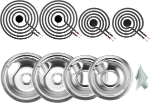 AMI PARTS 2 (8”) W10196405 & 2 (6”) W10196406 Chrome Stove Burner Drip Pans and 2 (8”) MP21YA & 2 (6”) MP15YA Electric Stove Burners Fit for Ken-more Whirl-pool May-tag Electric Range Stove Burner