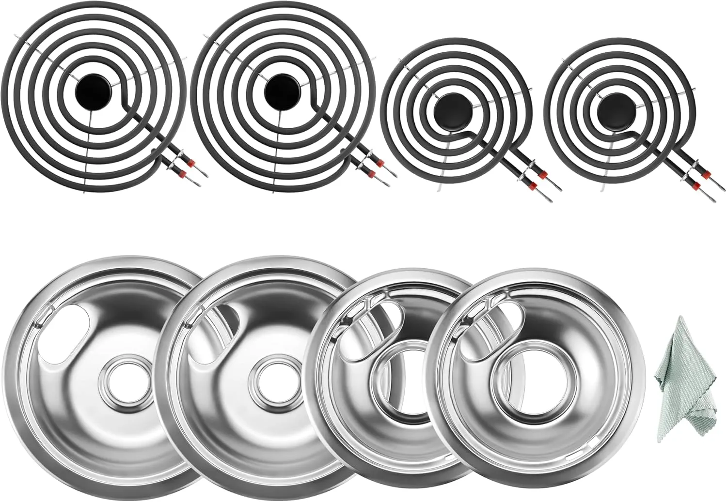 AMI PARTS 2 (8”) W10196405 & 2 (6”) W10196406 Chrome Stove Burner Drip Pans and 2 (8”) MP21YA & 2 (6”) MP15YA Electric Stove Burners Fit for Ken-more Whirl-pool May-tag Electric Range Stove Burner