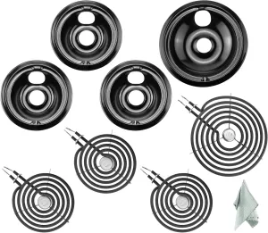 AMI PARTS 3 (6”) WB31M20 & 1 (8”) WB31M19 Black Porcelain Burner Drip Pans and 3 (6”) WB30M1 & 1 (8”) WM30M2 Electric Stove Burners Replacement Fit for G-E Hot-point Ken-more Electric Stove Burner