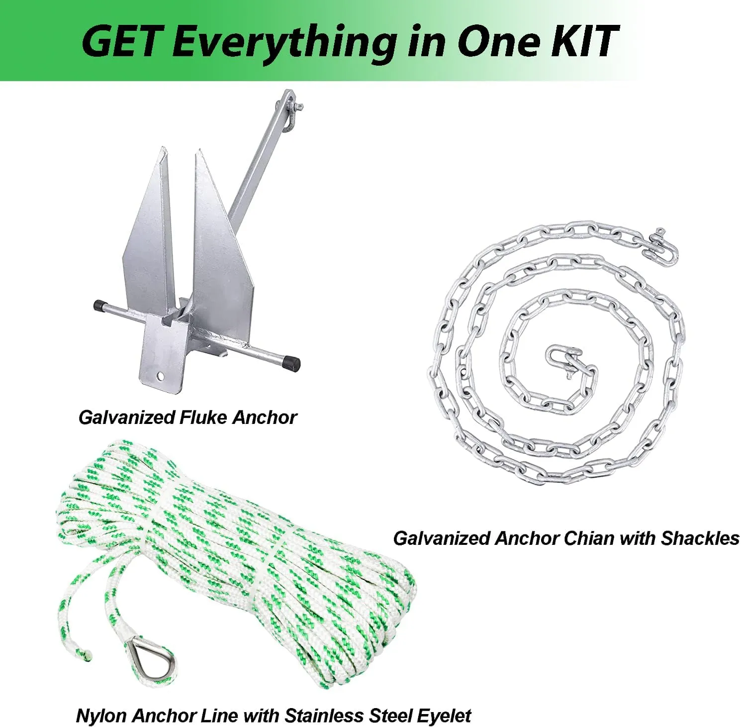 Anchor Kit Fluke Anchor with Anchor Chain and Boat Anchor Rope Set for Boats Pontoon, Deck, Fishing, and Sail