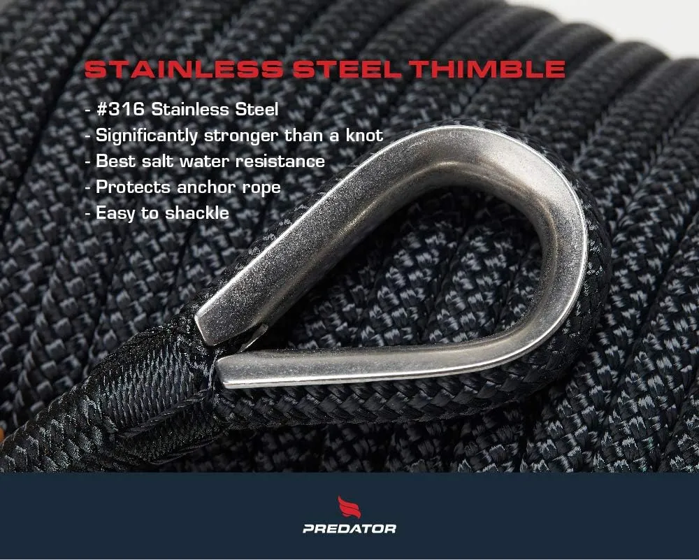 Anchor line 1/2 inch X 150ft - Double Braided Nylon Anchor Line/Boat Rope with 316SS Thimble and Heavy Duty Marine Black