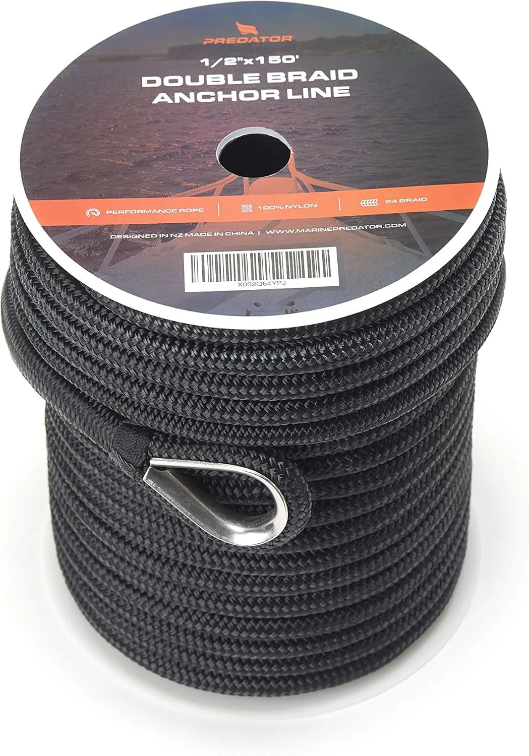 Anchor line 1/2 inch X 150ft - Double Braided Nylon Anchor Line/Boat Rope with 316SS Thimble and Heavy Duty Marine Black