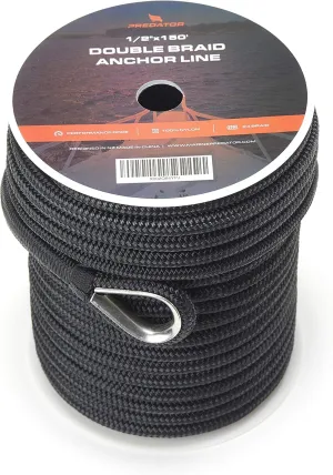 Anchor line 1/2 inch X 150ft - Double Braided Nylon Anchor Line/Boat Rope with 316SS Thimble and Heavy Duty Marine Black