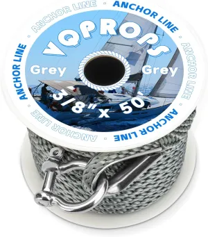 Anchor Line 3/8 inch 50ft. Grey Double Braided Nylon MFP Boat Anchor Rope ，with Stainless Steel Thimble and Shackle ，Anchor Line Fittings for Anchors and Boats Marine Rope