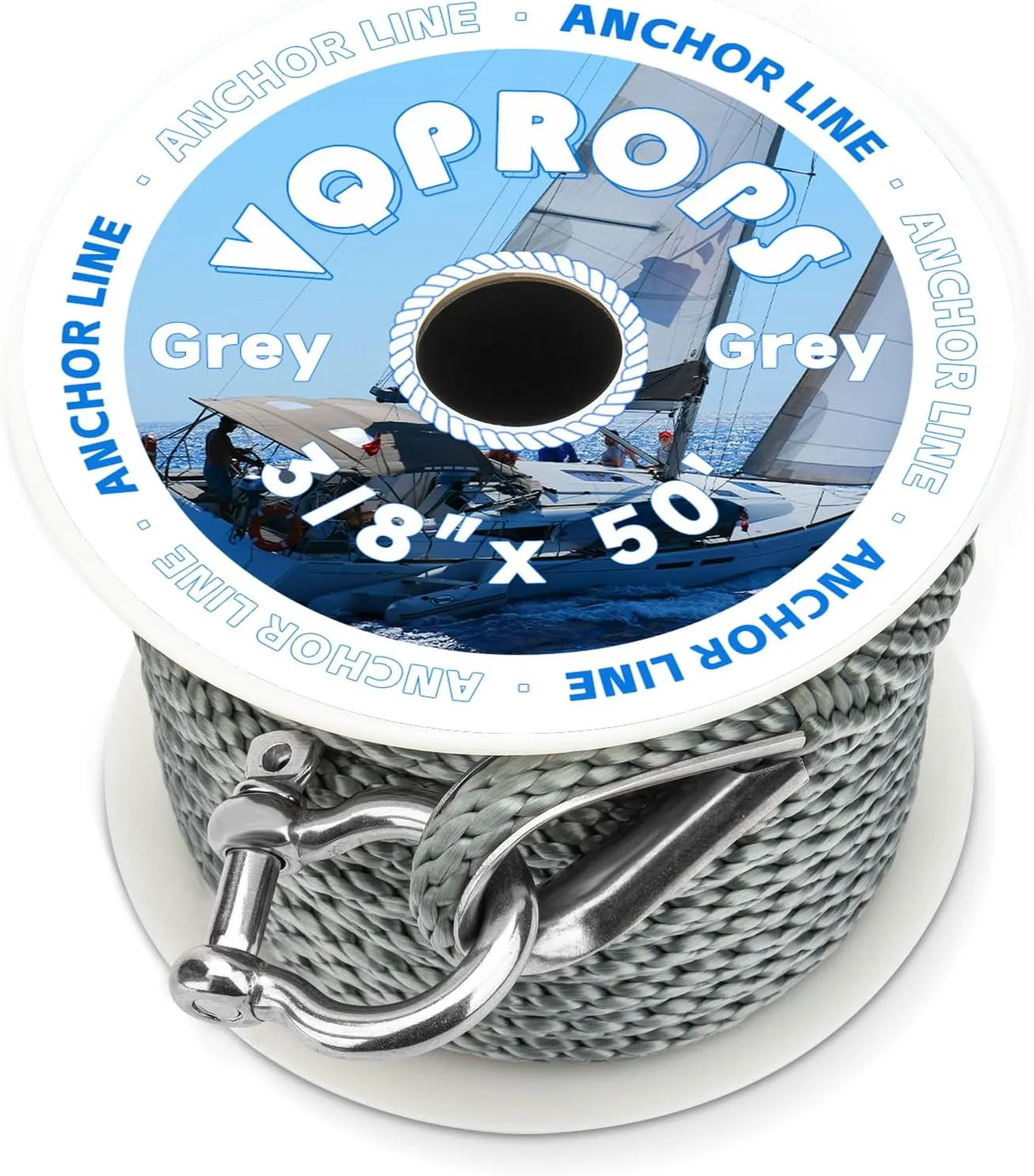 Anchor Line 3/8 inch 50ft. Grey Double Braided Nylon MFP Boat Anchor Rope ，with Stainless Steel Thimble and Shackle ，Anchor Line Fittings for Anchors and Boats Marine Rope