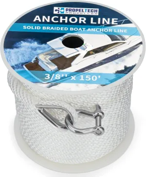 Anchor Line - White, 3/8" x 150' Premium Solid Braid MFP Boat Rope with Stainless Steel Thimble & Shackle