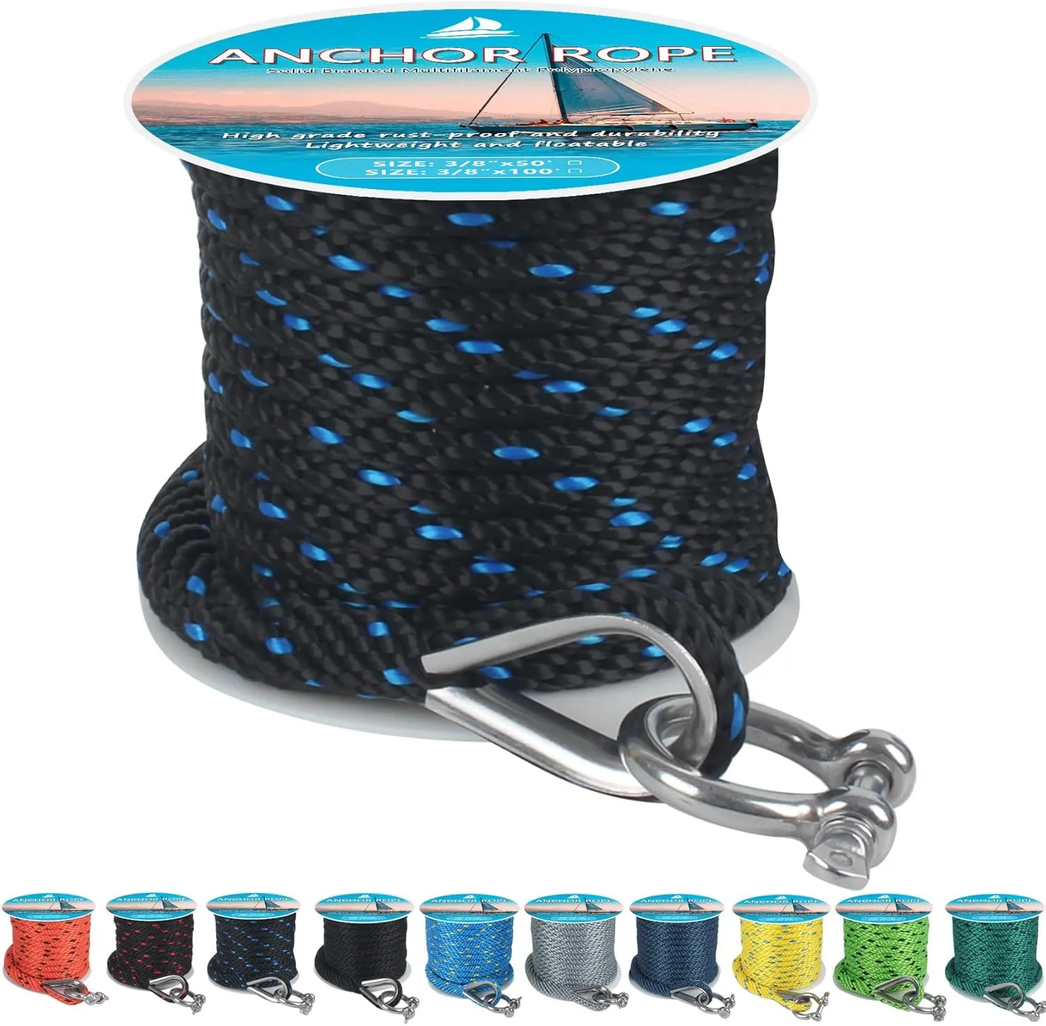Anchor Rope 50 ft x 3/8 inch, Premium Solid Braid MFP Anchor Line, Boat Anchor Rope with 316 Stainless Steel Thimble & Shackle, Marine Anchor Rope for Many Anchors & Boats, Black and Blue