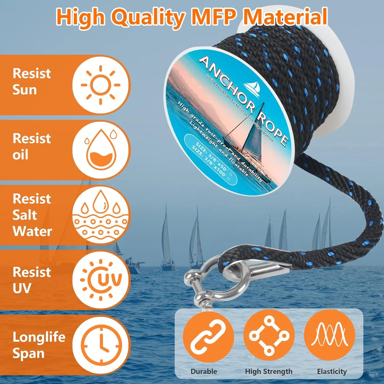 Anchor Rope 50 ft x 3/8 inch, Premium Solid Braid MFP Anchor Line, Boat Anchor Rope with 316 Stainless Steel Thimble & Shackle, Marine Anchor Rope for Many Anchors & Boats, Black and Blue