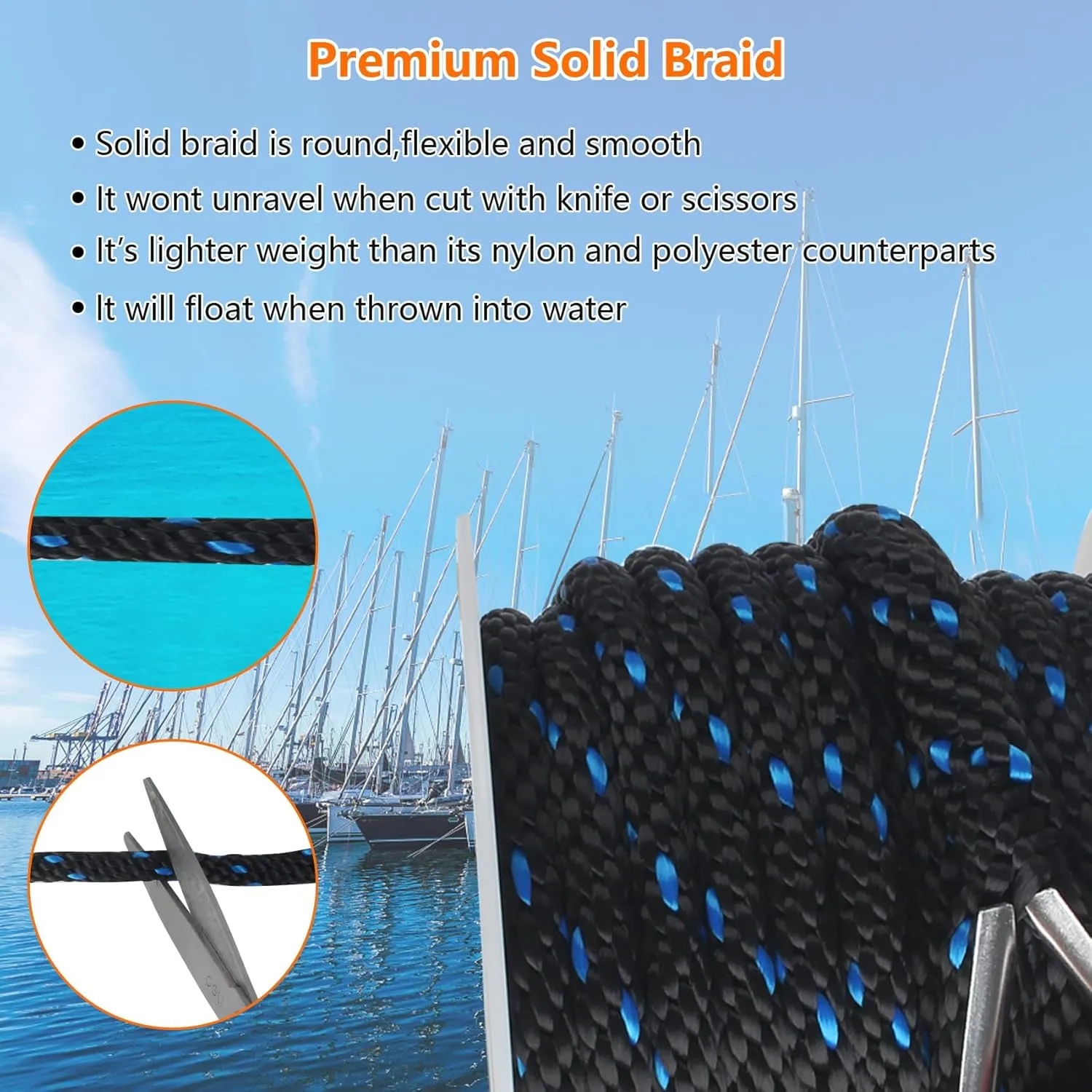 Anchor Rope 50 ft x 3/8 inch, Premium Solid Braid MFP Anchor Line, Boat Anchor Rope with 316 Stainless Steel Thimble & Shackle, Marine Anchor Rope for Many Anchors & Boats, Black and Blue