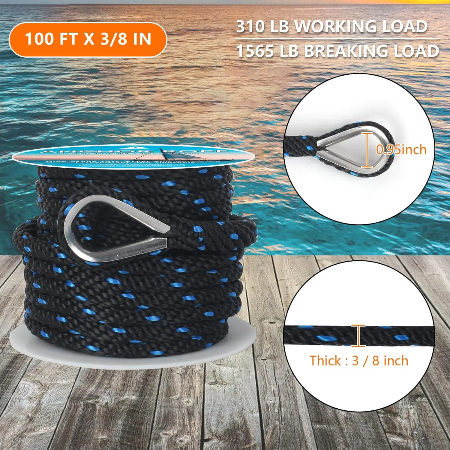 Anchor Rope 50 ft x 3/8 inch, Premium Solid Braid MFP Anchor Line, Boat Anchor Rope with 316 Stainless Steel Thimble & Shackle, Marine Anchor Rope for Many Anchors & Boats, Black and Blue