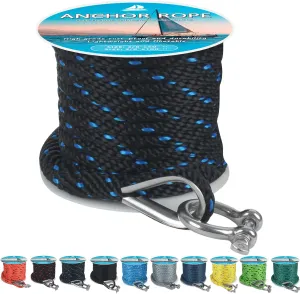 Anchor Rope 50 ft x 3/8 inch, Premium Solid Braid MFP Anchor Line, Boat Anchor Rope with 316 Stainless Steel Thimble & Shackle, Marine Anchor Rope for Many Anchors & Boats, Black and Blue
