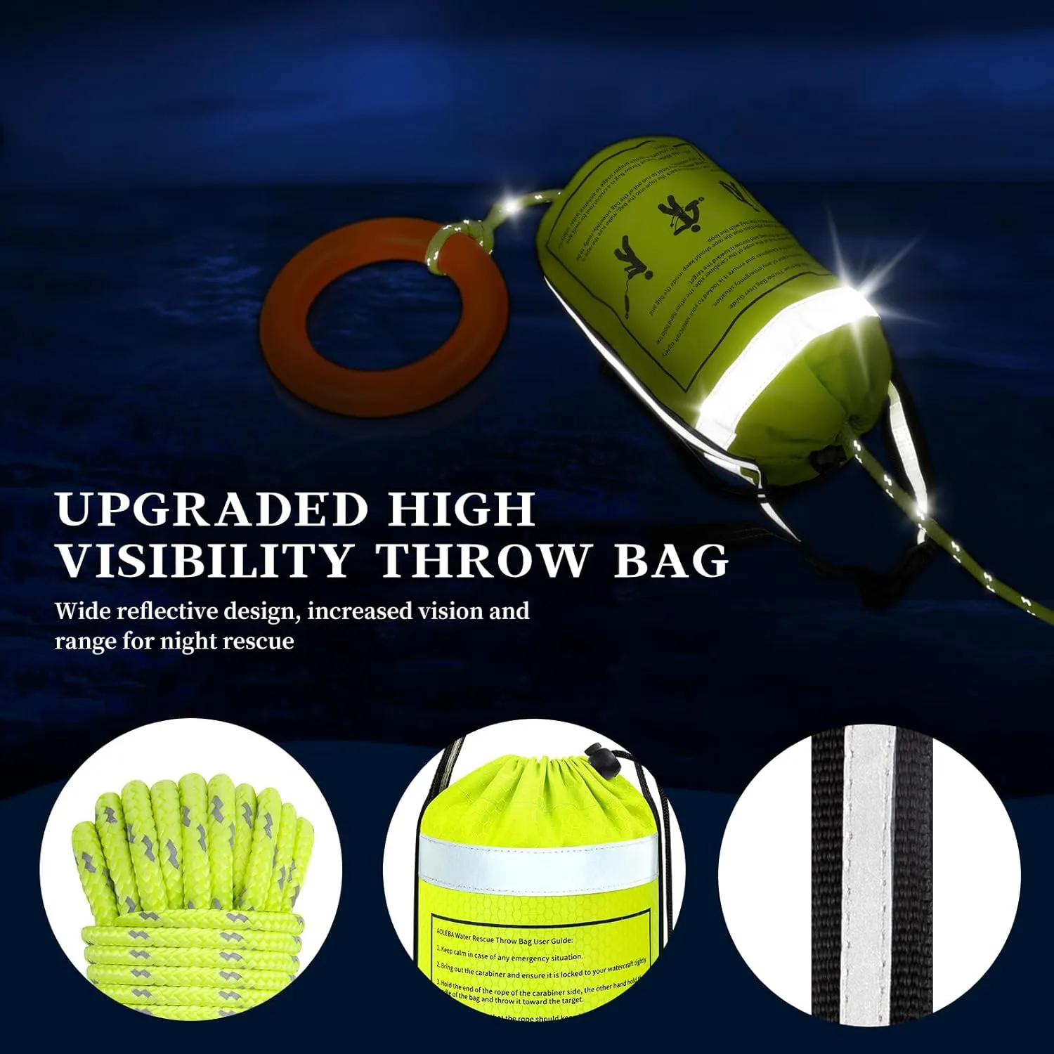 AOLEBA Water Rescue Throw Bag, Throwable Device with 8MM Reflective Throw Line,Tensile Strength Up to 1900Lbs Boating Equipment, Emergency Water Bag Safety Equipment for Kayaking Rafting