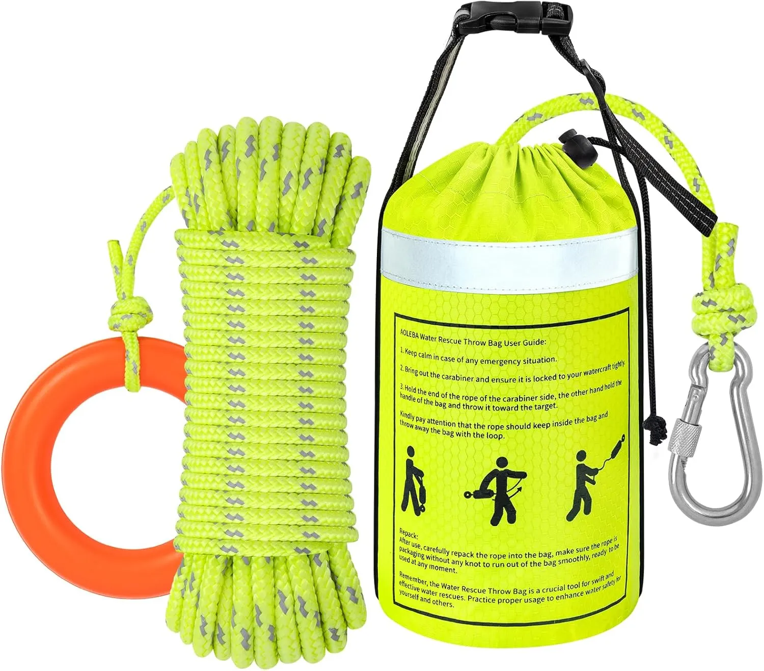 AOLEBA Water Rescue Throw Bag, Throwable Device with 8MM Reflective Throw Line,Tensile Strength Up to 1900Lbs Boating Equipment, Emergency Water Bag Safety Equipment for Kayaking Rafting