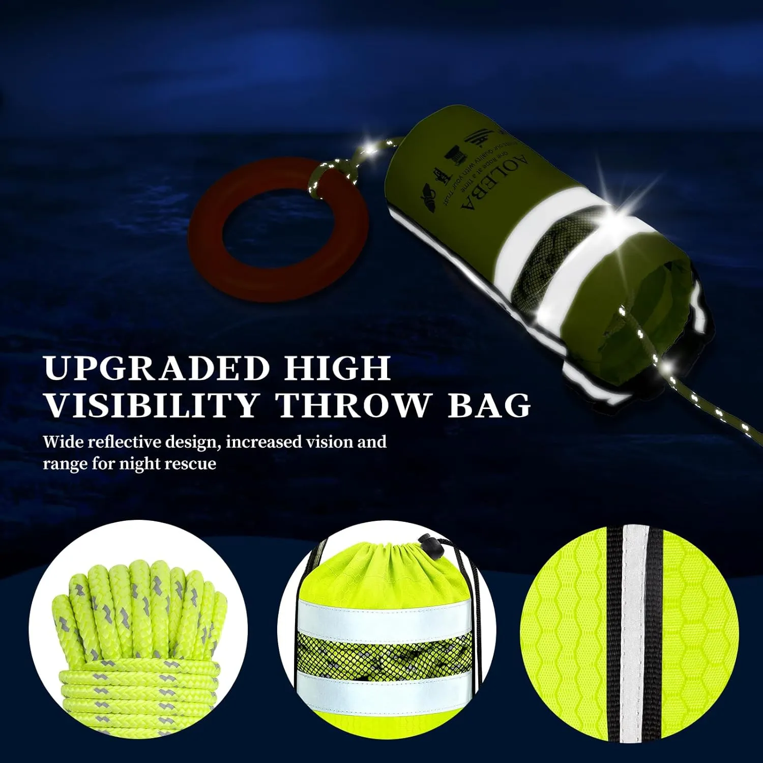 AOLEBA Water Rescue Throw Bag, Throwable Device with 8MM Reflective Throw Line,Tensile Strength Up to 1900Lbs Boating Equipment, Emergency Water Bag Safety Equipment for Kayaking Rafting