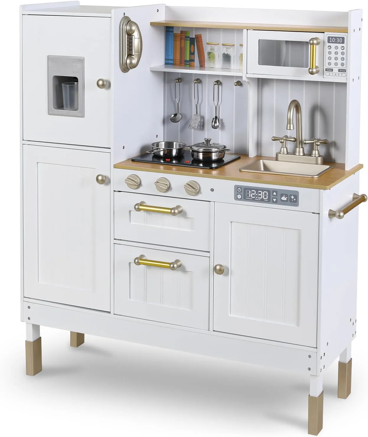 Arlopu Play Kitchen for Kids, Pretend Preschool Kitchen Sets, Wooden Cooking Playset w/Realistic Light & Sound, Telephone, Stove, Fridge, Microwave, Removable Sink, Water Dispenser (White)