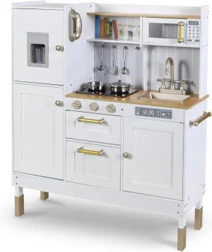 Arlopu Play Kitchen for Kids, Pretend Preschool Kitchen Sets, Wooden Cooking Playset w/Realistic Light & Sound, Telephone, Stove, Fridge, Microwave, Removable Sink, Water Dispenser (White)