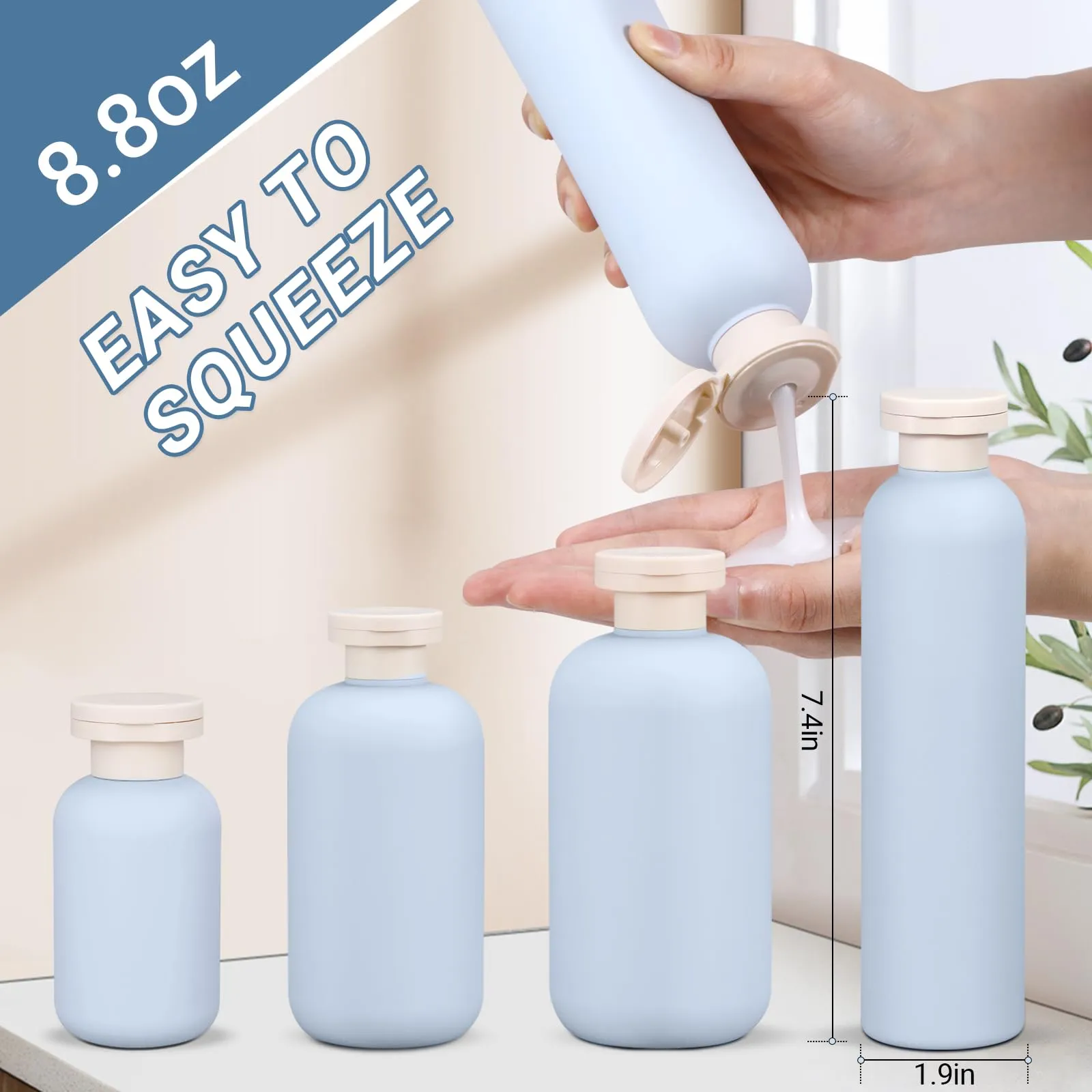ASEVAT 8.8 oz Plastic Travel Refillable Shampoo Bottles, Empty Plastic Squeeze Bottles with Flip Cap, Plastic Travel Containers for Shampoo and Conditioner for Body Lotion(4 Pcs
