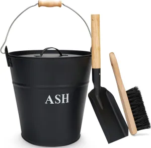 Ash Bucket with Lid, Shovel, and Broom - 3.5-Gallon Metal Ash Can for Fireplaces, Wood Stoves, and Fire Pits