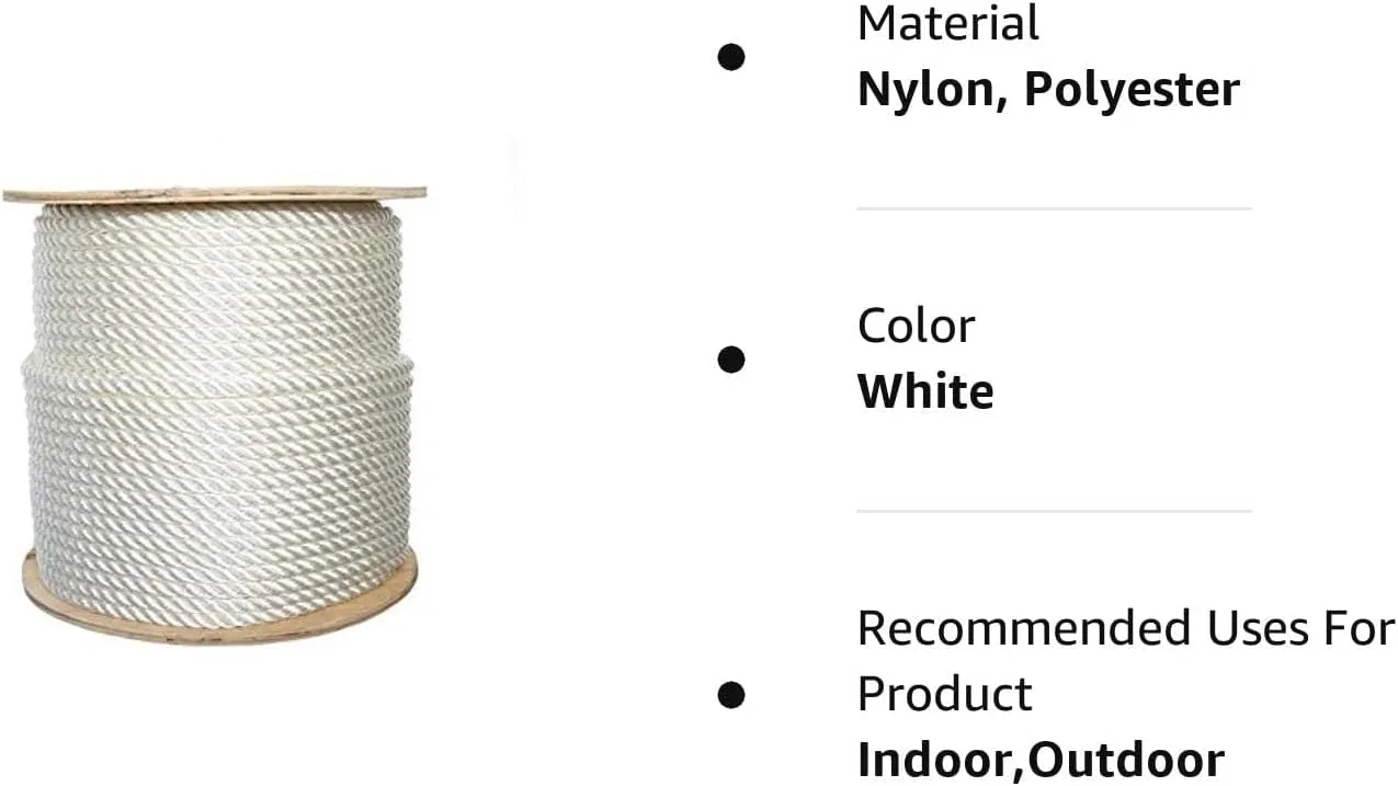 ATERET 1/4" Nylon Rope - 3-Strand Twisted Nylon & Polyester Blended Synthetic Rope - Multipurpose, Lightweight, Weather-Resistant Cord for Outdoor/Indoor Use and DIY Projects (1/4" x 600 Feet)