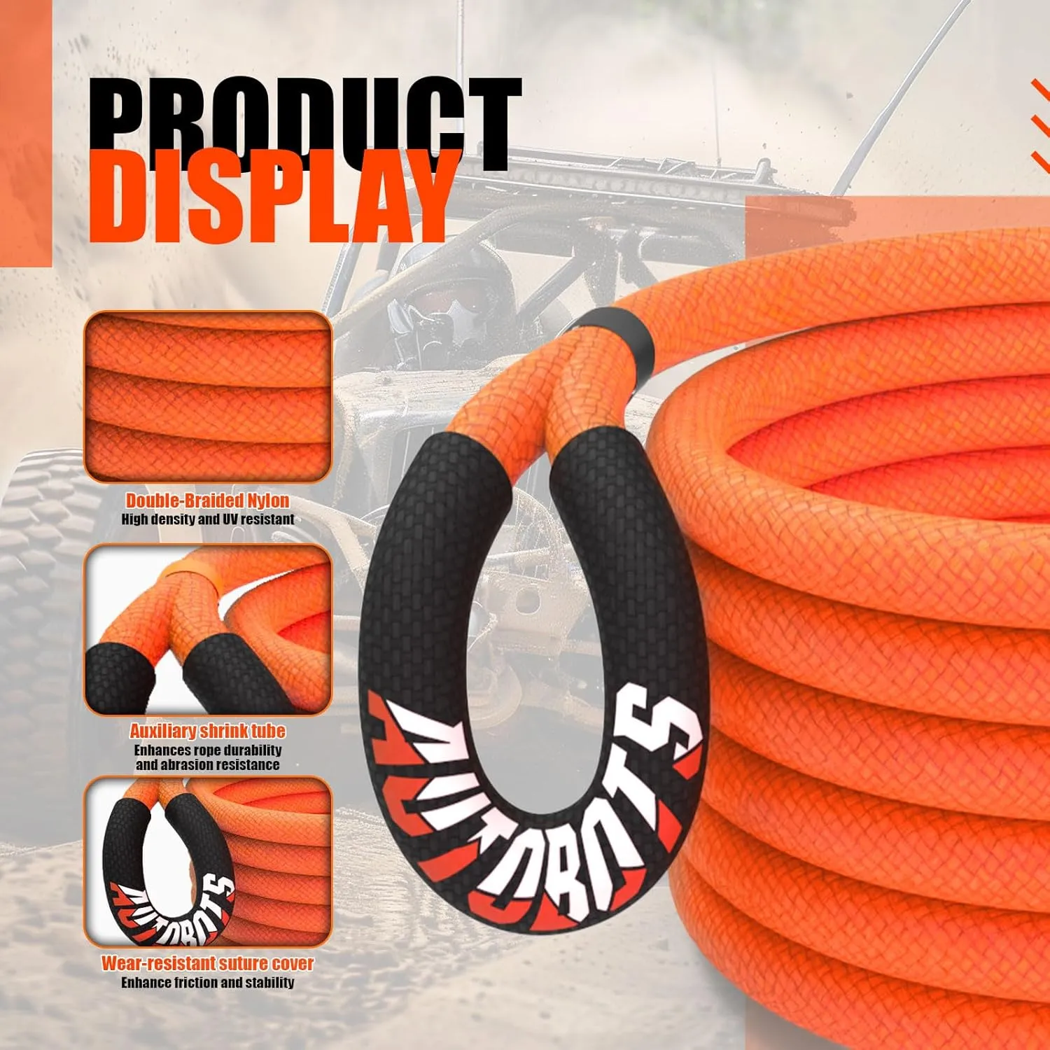 AUTOBOTS 1" x 30'Kinetic Recovery Rope (48,600lbs) 2 Soft Shackles，Heavy Duty Tow Rope Tow Strap for Truck ATV UTV SUV Car，Offroad Recovery Kit