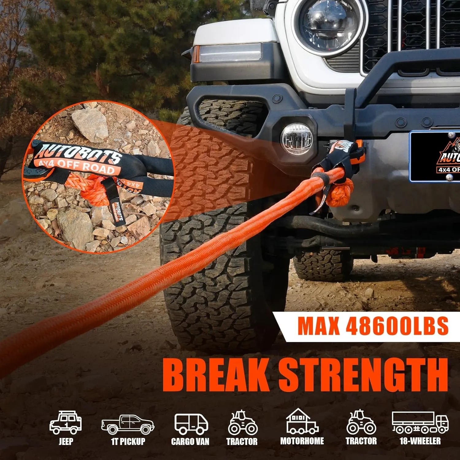 AUTOBOTS 1" x 30'Kinetic Recovery Rope (48,600lbs) 2 Soft Shackles，Heavy Duty Tow Rope Tow Strap for Truck ATV UTV SUV Car，Offroad Recovery Kit