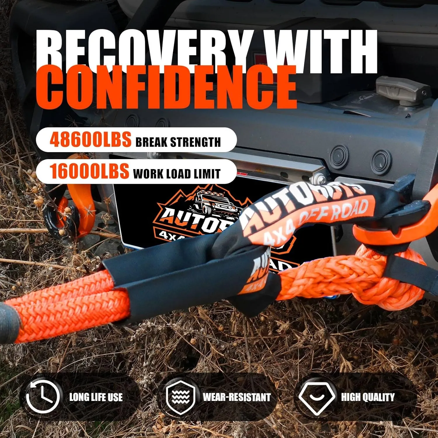 AUTOBOTS 1" x 30'Kinetic Recovery Rope (48,600lbs) 2 Soft Shackles，Heavy Duty Tow Rope Tow Strap for Truck ATV UTV SUV Car，Offroad Recovery Kit