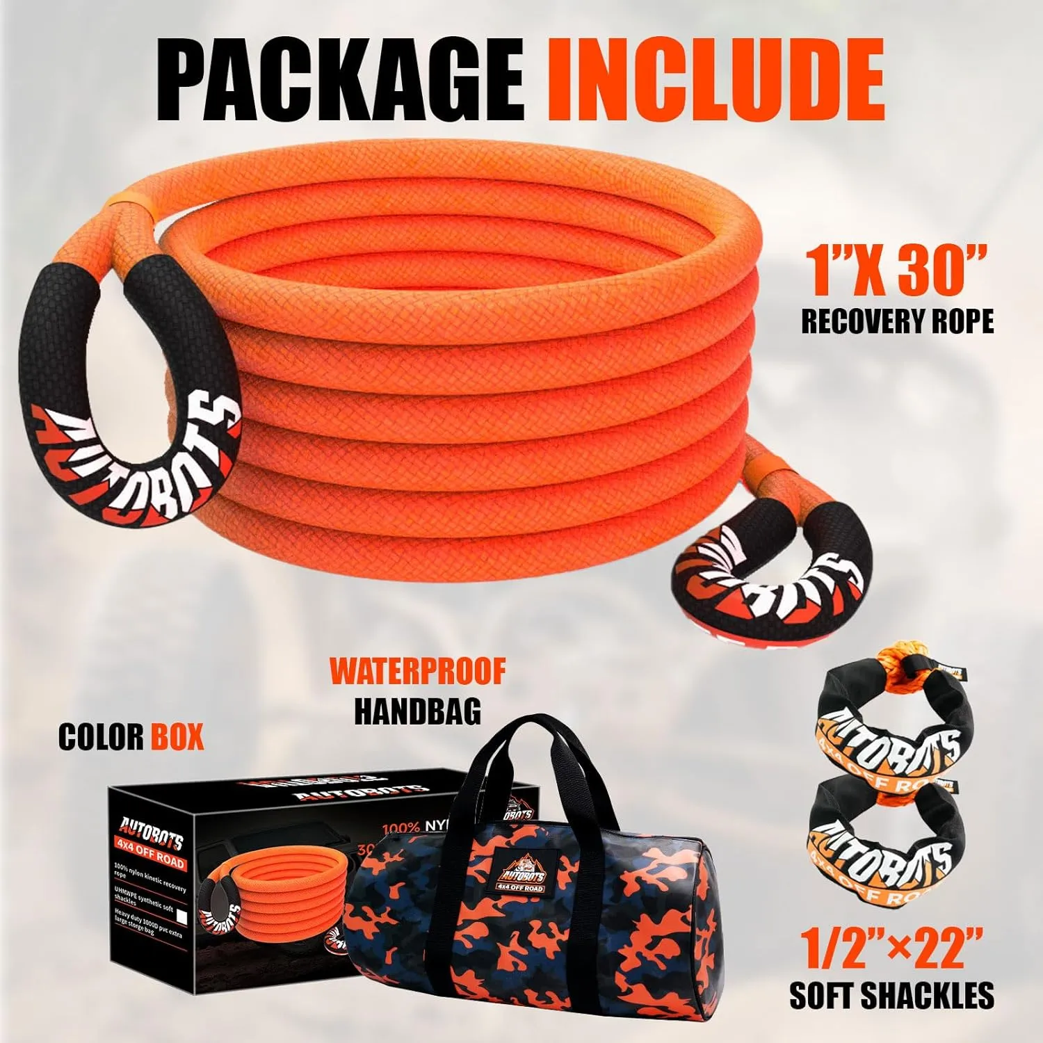 AUTOBOTS 1" x 30'Kinetic Recovery Rope (48,600lbs) 2 Soft Shackles，Heavy Duty Tow Rope Tow Strap for Truck ATV UTV SUV Car，Offroad Recovery Kit