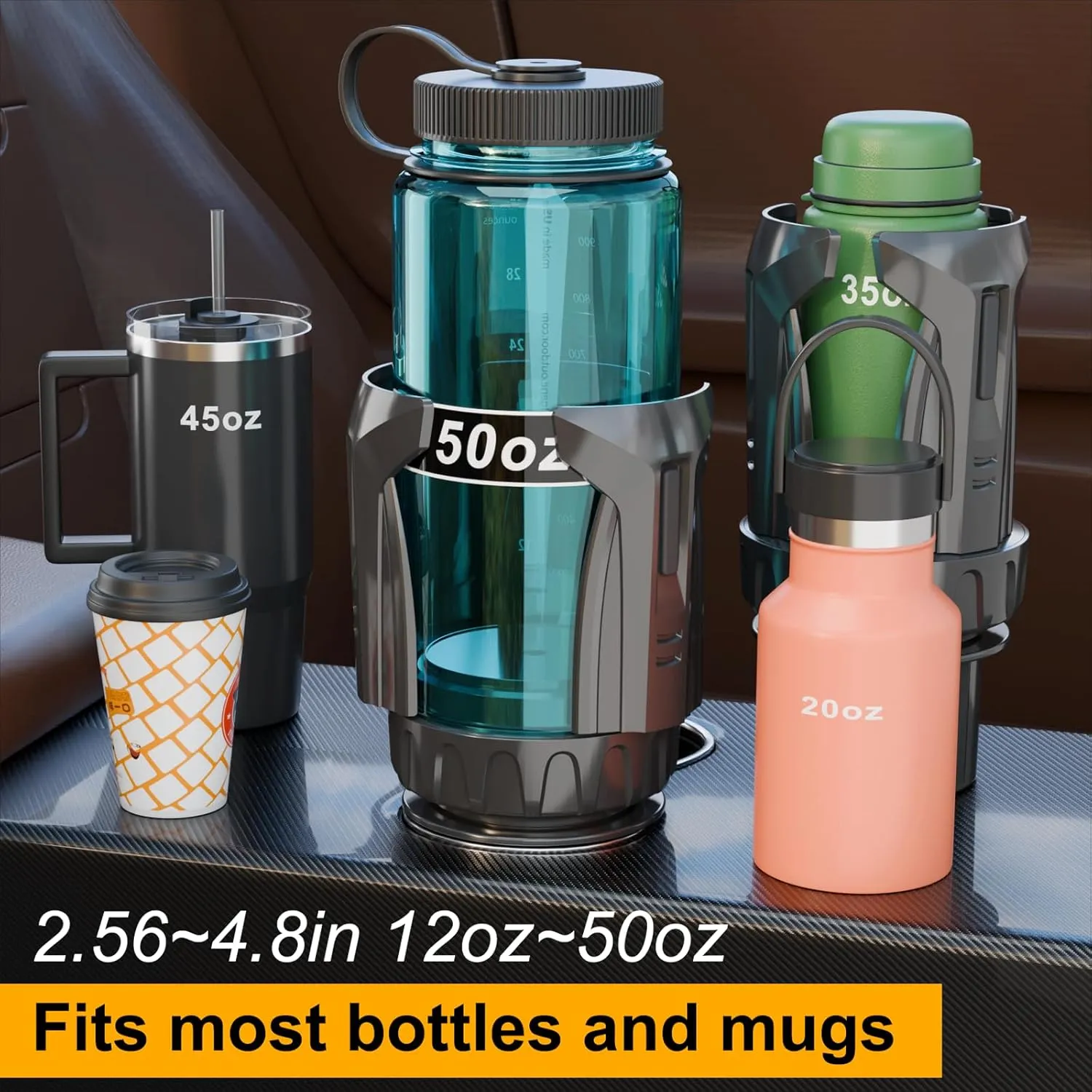 Automatic Car Cup Holder Expander, Large Water Bottles Holder for Yeti, Hydro Flask, Nalgene, Stanley, Owala 24/32/45/50 oz Travel Tumbler & Mug, Adjustable Car Cup Insert Car Accessories