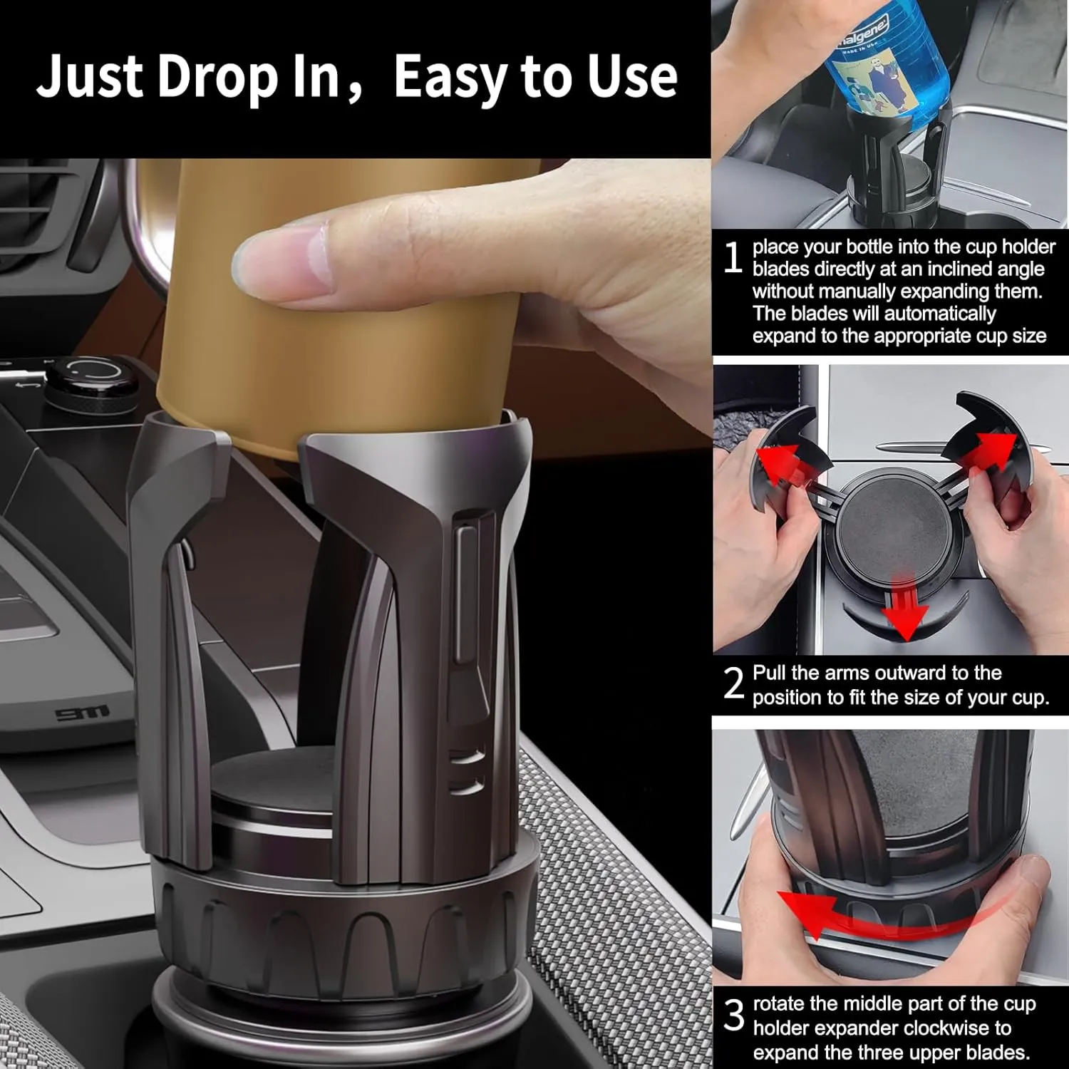 Automatic Car Cup Holder Expander, Large Water Bottles Holder for Yeti, Hydro Flask, Nalgene, Stanley, Owala 24/32/45/50 oz Travel Tumbler & Mug, Adjustable Car Cup Insert Car Accessories