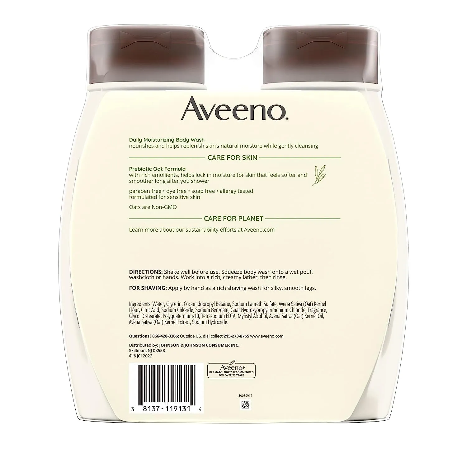 Aveeno Daily Moisturizing Body Wash for Dry & Sensitive Skin   Prebiotic Oat, Gently Cleanses, Nourishes & Feels Hydrating on Dry Skin, Gentle & Lightly Scented, 18 fl oz, Pack of 2