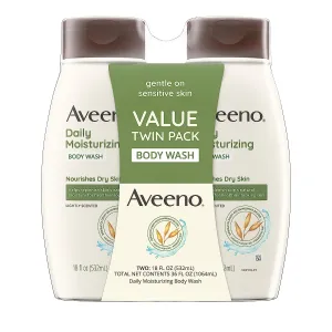 Aveeno Daily Moisturizing Body Wash for Dry & Sensitive Skin   Prebiotic Oat, Gently Cleanses, Nourishes & Feels Hydrating on Dry Skin, Gentle & Lightly Scented, 18 fl oz, Pack of 2
