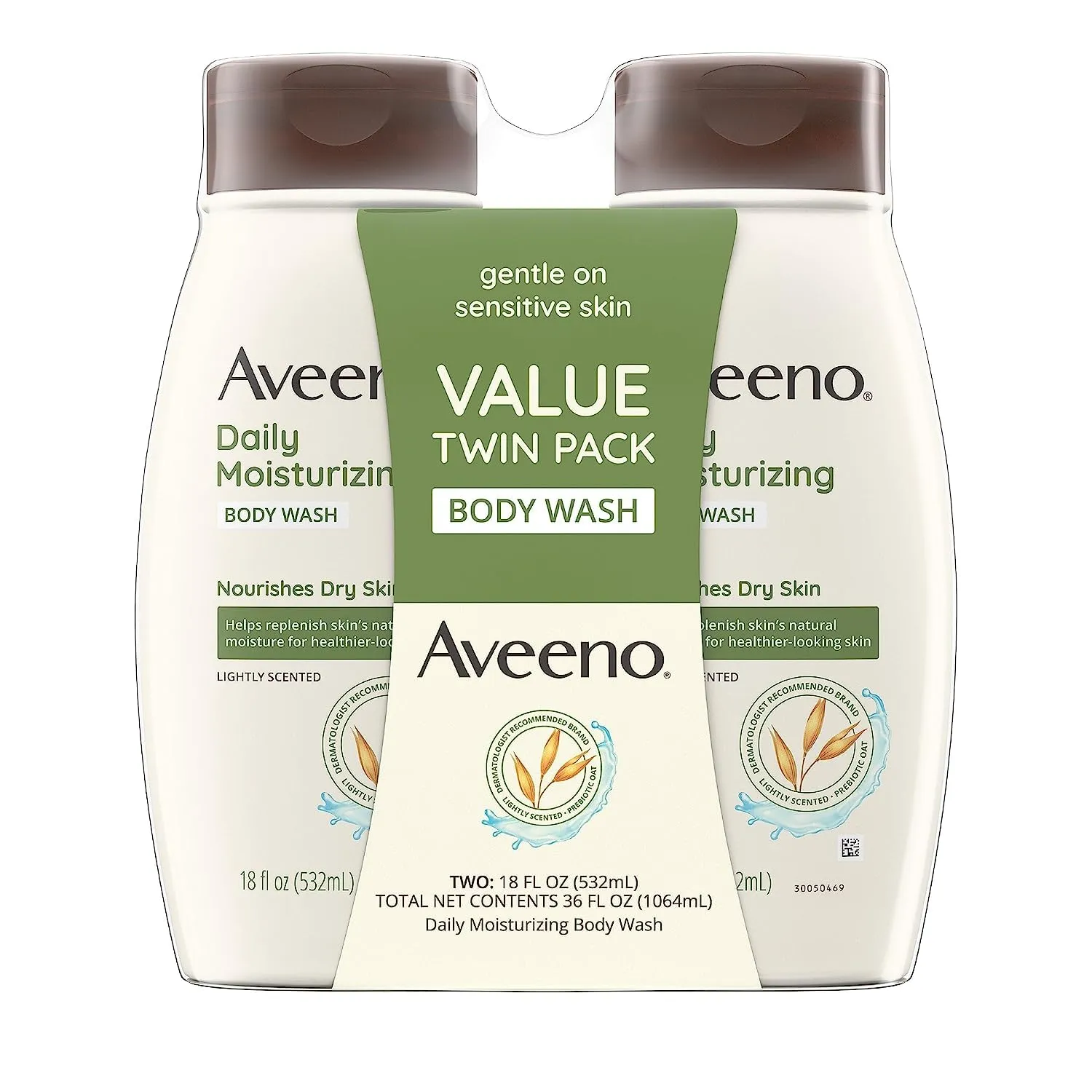 Aveeno Daily Moisturizing Body Wash for Dry & Sensitive Skin   Prebiotic Oat, Gently Cleanses, Nourishes & Feels Hydrating on Dry Skin, Gentle & Lightly Scented, 18 fl oz, Pack of 2
