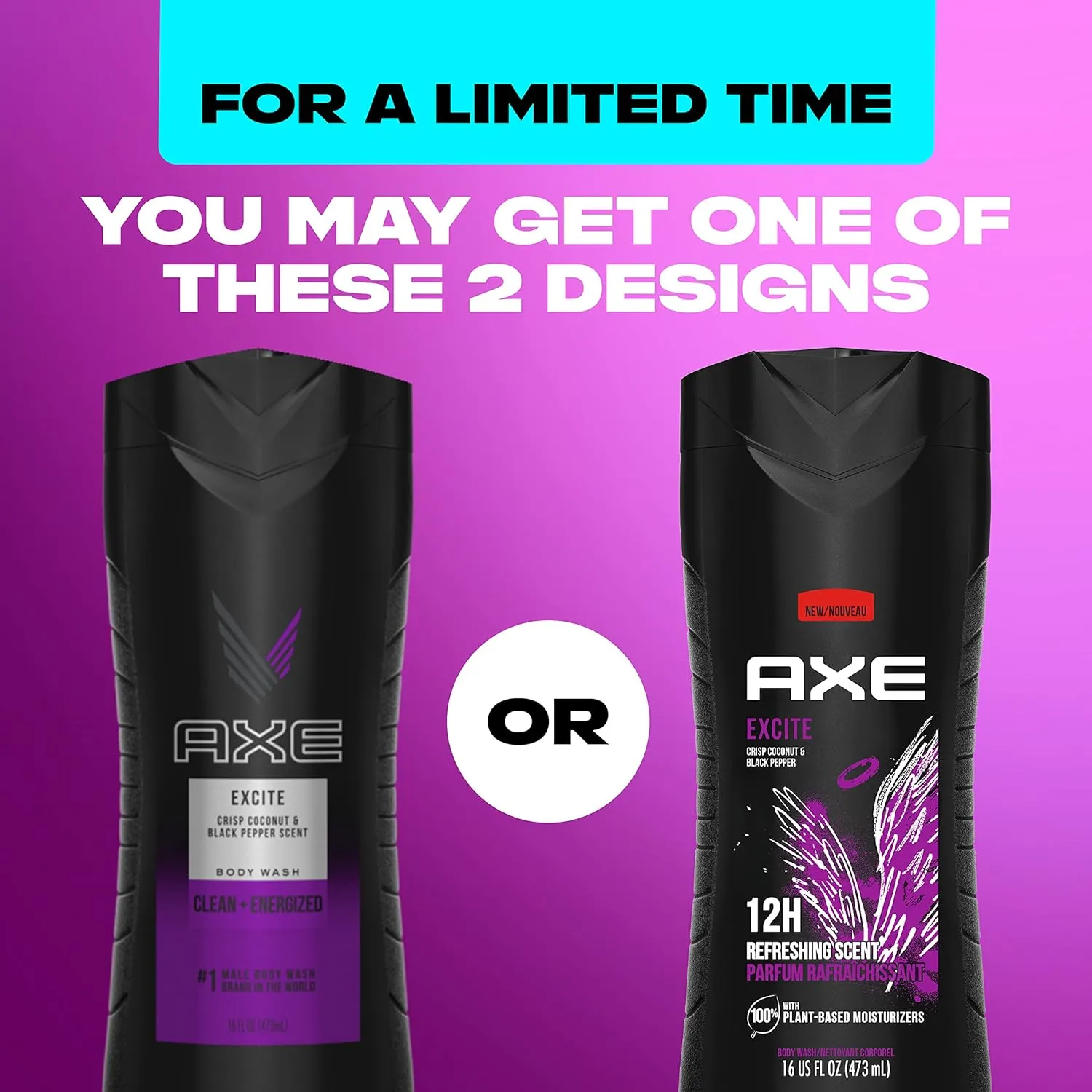 AXE Body Wash 12h Refreshing Scent Excite Crisp Coconut & Black Pepper Men's Body Wash with 100% Plant-Based Moisturizers 16 oz 4 Pack