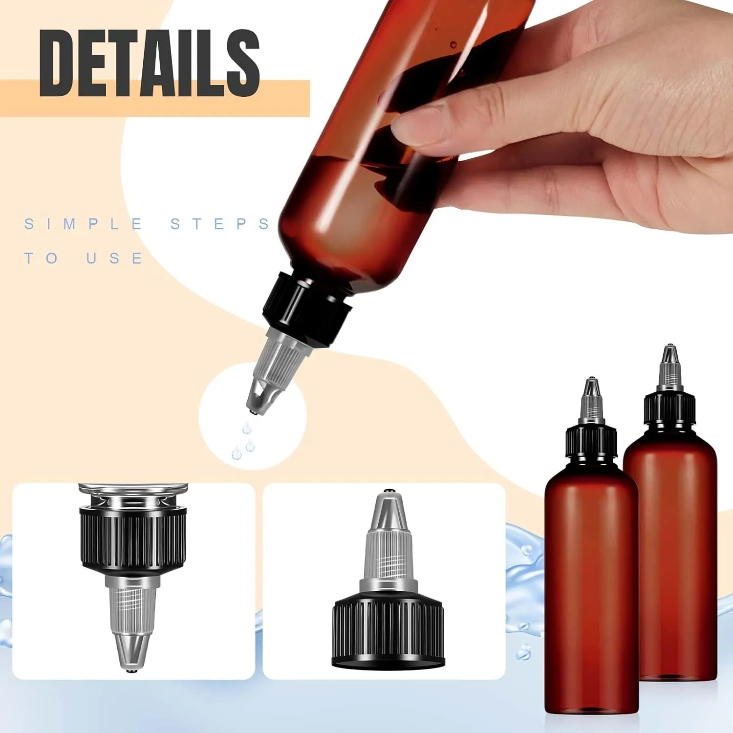 Barydat 24 Pcs Squeeze Bottle Twist Top Applicator Empty Hair Oiling Bottle with 4 Funnels Refillable Plastic Liquid Containers for Liquid Hair Oil Shampoo Lotion(3.4 oz,Amber)