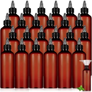 Barydat 24 Pcs Squeeze Bottle Twist Top Applicator Empty Hair Oiling Bottle with 4 Funnels Refillable Plastic Liquid Containers for Liquid Hair Oil Shampoo Lotion(3.4 oz,Amber)