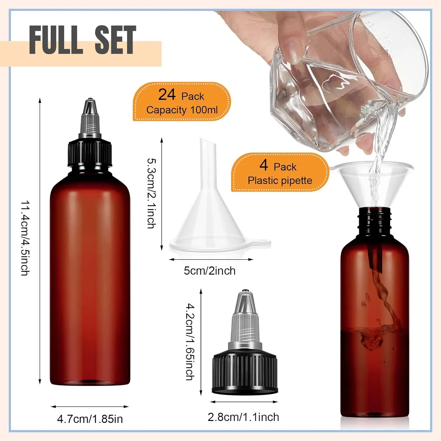 Barydat 24 Pcs Squeeze Bottle Twist Top Applicator Empty Hair Oiling Bottle with 4 Funnels Refillable Plastic Liquid Containers for Liquid Hair Oil Shampoo Lotion(3.4 oz,Amber)