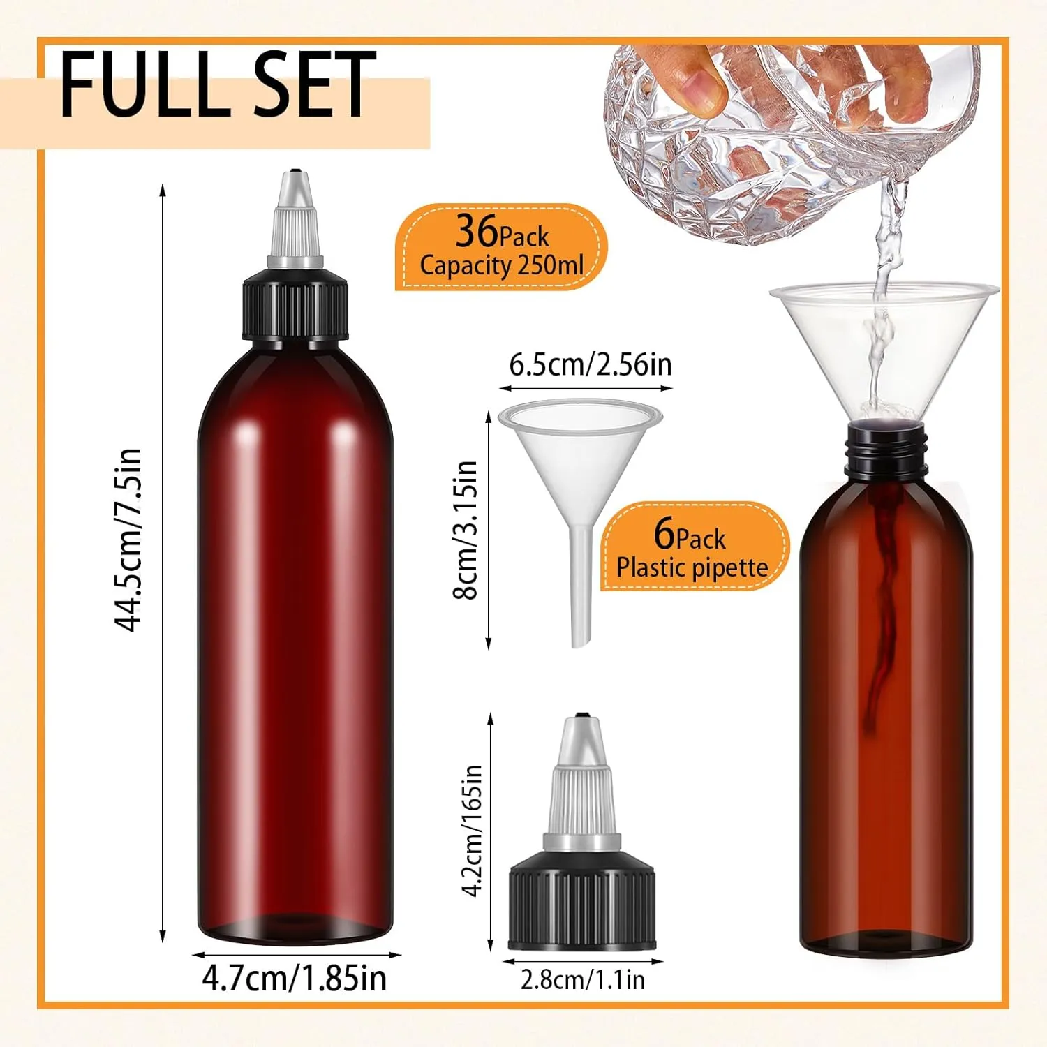 Barydat 36 Pcs 8 oz Squeeze Bottle Twist Top Applicator Bottles Empty Hair Oil Bottle with Funnels Refillable Amber Plastic Bottles for Liquid Hair Oil Shampoo Lotion