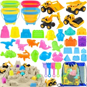 Beach Toys, 40Pcs Sand Toys with 4 Toy Construction Vehicles, 4 Collapsible Beach Bucket, Sand Castle Building Kit, Sand Molds, Shovel Set, Mesh Bag, Summer Outdoor Toys for Kids Ages 4-8