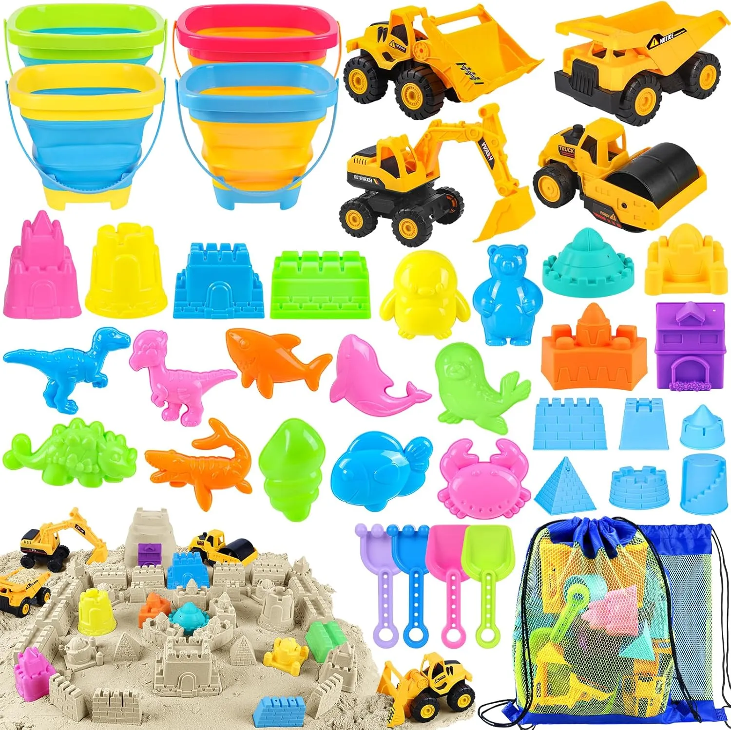 Beach Toys, 40Pcs Sand Toys with 4 Toy Construction Vehicles, 4 Collapsible Beach Bucket, Sand Castle Building Kit, Sand Molds, Shovel Set, Mesh Bag, Summer Outdoor Toys for Kids Ages 4-8