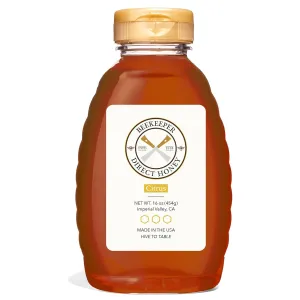 Beekeeper Direct Raw Unfiltered Honey - Real Raw Citrus Honey - All Natural Non-GMO Pure Gourmet Honey - Local California Orange, Grapefruit, and Lemon Honey (1lbs Squeeze Bottle)