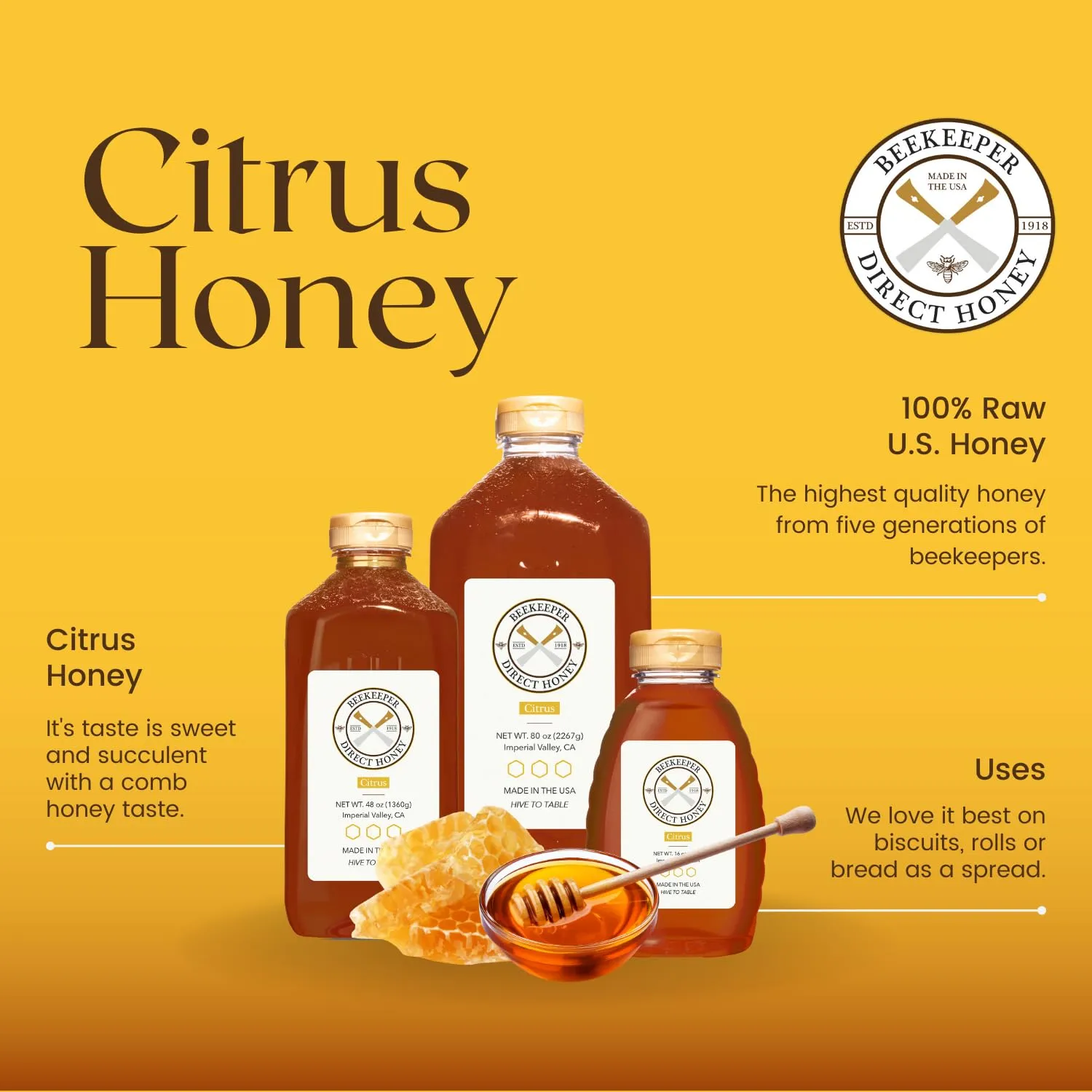 Beekeeper Direct Raw Unfiltered Honey - Real Raw Citrus Honey - All Natural Non-GMO Pure Gourmet Honey - Local California Orange, Grapefruit, and Lemon Honey (1lbs Squeeze Bottle)
