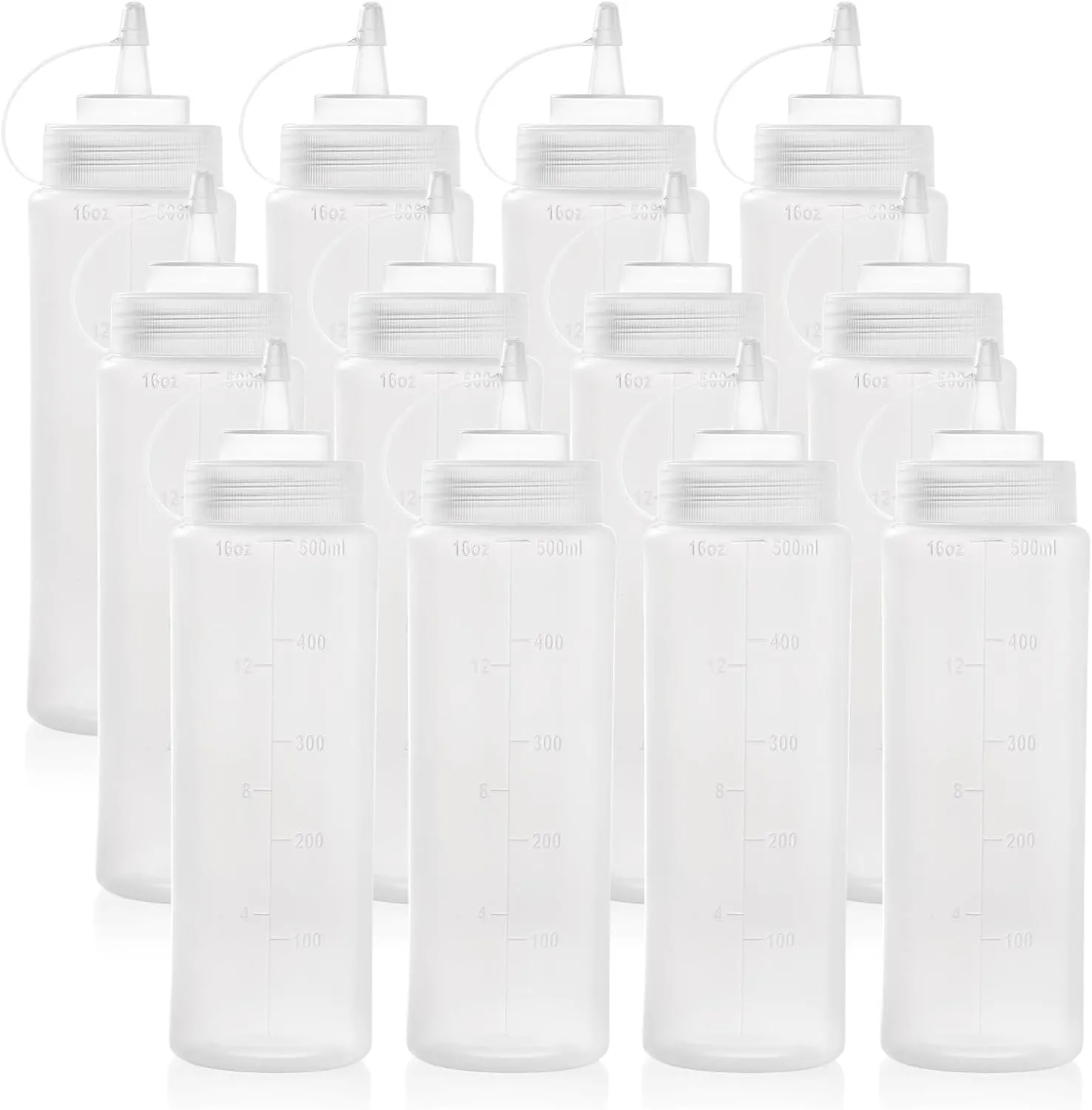 Bekith 12 pack 16 Oz Wide Mouth Plastic Squeeze Condiment Bottles with Twist On Cap Lids and Discrete Measurements, Empty Squirt Bottle For Sauce, Ketchup, Paint