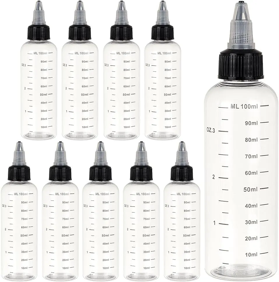 BENECREAT 10PCS 100ml/3.38 oz Transparent Plastic Squeeze Bottles with Scale and Black Twist Cap Graduated Squeeze Dispensing Bottles for Ink Liquid, Oils, Gels, Glue